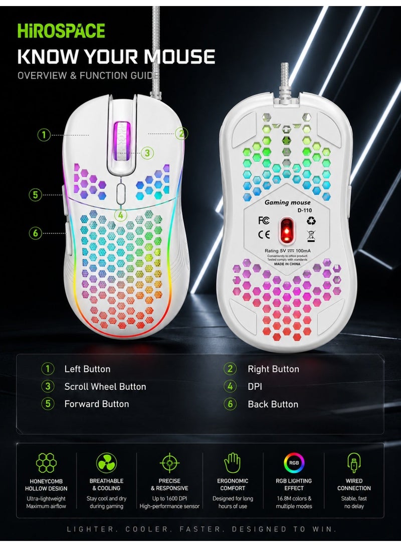 Hirospace Game mouse, honeycomb perforated design game mouse, ergonomic wired mouse with RGB backlight, laptop, computer, personal computer, RGB game mouse, white - Image 4