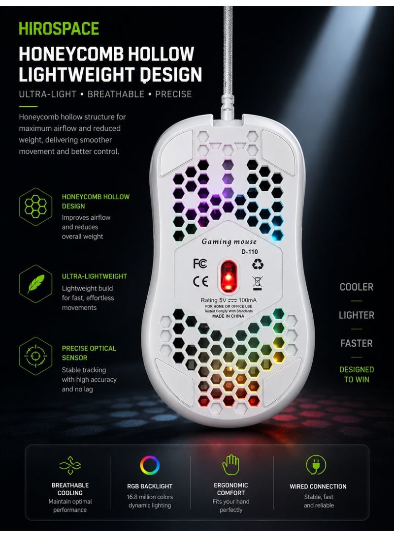 Hirospace Game mouse, honeycomb perforated design game mouse, ergonomic wired mouse with RGB backlight, laptop, computer, personal computer, RGB game mouse, white - Image 3