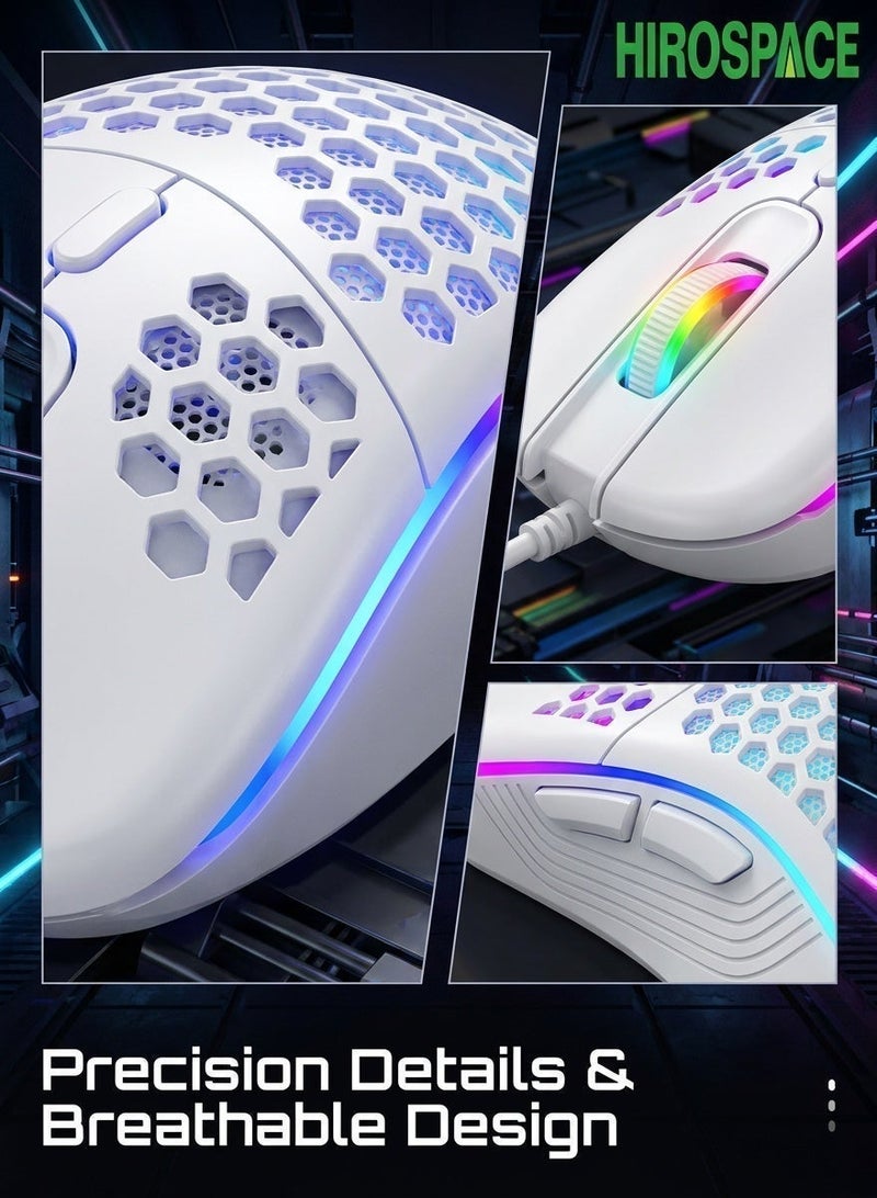 Hirospace Game mouse, honeycomb perforated design game mouse, ergonomic wired mouse with RGB backlight, laptop, computer, personal computer, RGB game mouse, white - Image 4
