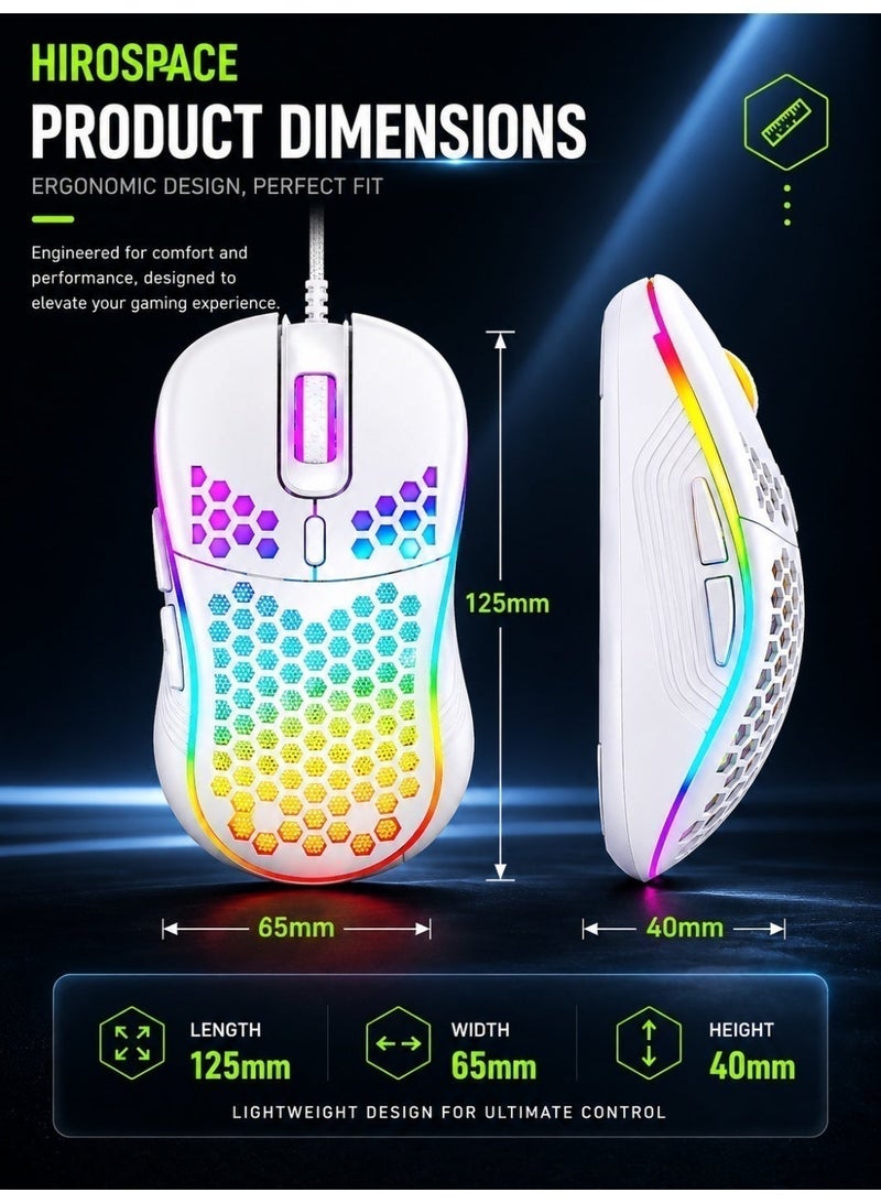 Hirospace Game mouse, honeycomb perforated design game mouse, ergonomic wired mouse with RGB backlight, laptop, computer, personal computer, RGB game mouse, white - Image 2