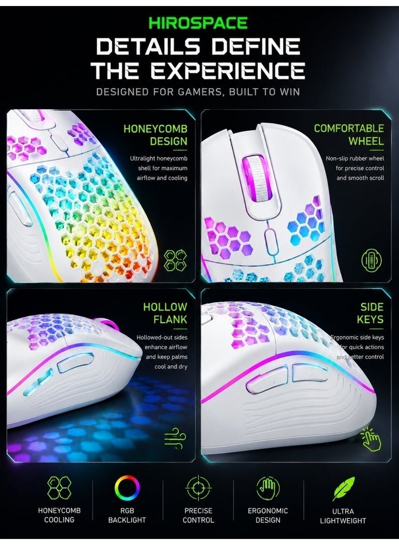 Hirospace Game mouse, honeycomb perforated design game mouse, ergonomic wired mouse with RGB backlight, laptop, computer, personal computer, RGB game mouse, white - Image 3