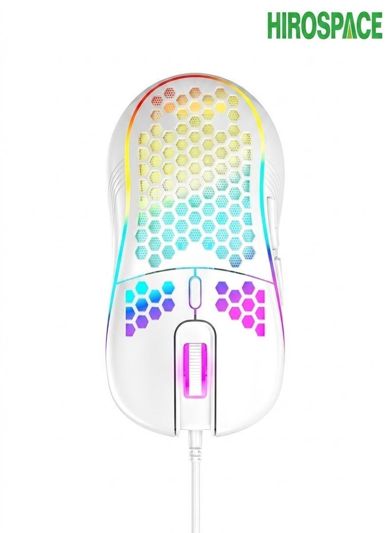 Hirospace Game mouse, honeycomb perforated design game mouse, ergonomic wired mouse with RGB backlight, laptop, computer, personal computer, RGB game mouse, white - Image 1