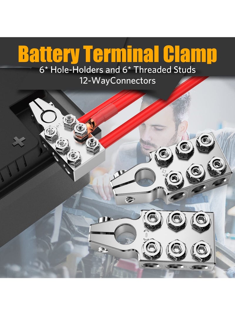 Excefore - Battery Terminal Connectors, 12-Way Clamps 8AWG up to 4/0(XL) AWG Gauge, Positive and Negative (+/-)(1 Pair) for SAE/DIN/EN Tapered Top Post - Image 1