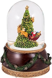 Roman Santa in Sleigh with Reindeer Flying Around Christmas Tree Musical Snow Globe Glitterdome - 8" Tall 120MM - Plays - Image 1