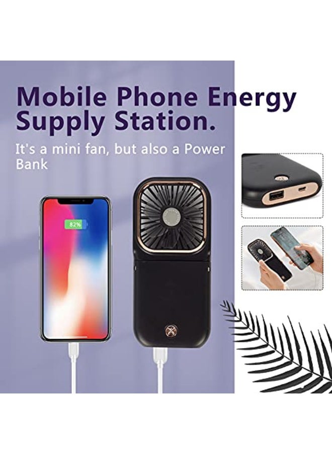NIBEMINENT Portable Mini Fan - 5 in 1 with Power Bank, Phone Holder, Handheld & Desk Fan - USB Rechargeable, 3000 mAh Power Bank, 3 Speed Adjustable, Neck Lanyard - Black - Image 3