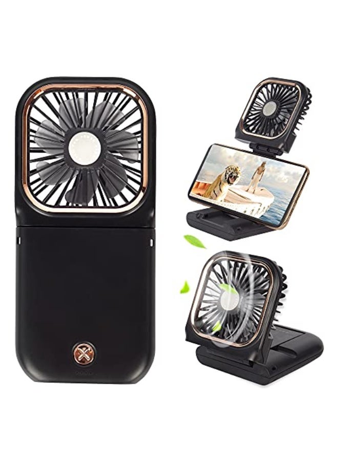 NIBEMINENT Portable Mini Fan - 5 in 1 with Power Bank, Phone Holder, Handheld & Desk Fan - USB Rechargeable, 3000 mAh Power Bank, 3 Speed Adjustable, Neck Lanyard - Black - Image 1
