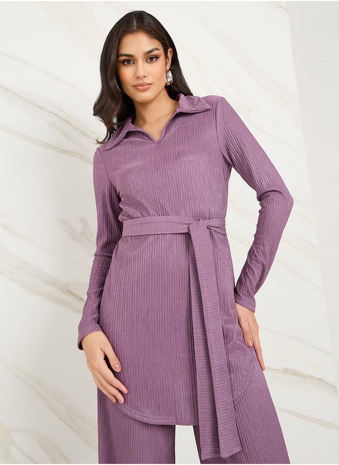 Styli - Textured Longline Top & Wide Leg Trouser Modest Set - Image 1