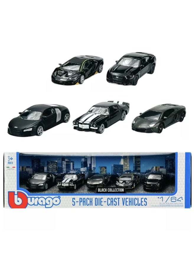 Bburago Street Fire 5-Piece Die-Cast Metal Toy Car Gift Pack, 1:64 Scale, Black Collection - Image 1