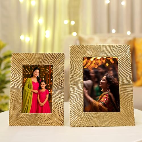 BEHOMA Antique Golden Metal Rectangular Photo Frame Set With Sunburst Design,Decorative Frames For Wall,Table,Living Room,Bedroom,Best Gift For Home Decor,Birthday,Anniversary,(4X6 & 5X7 Inches) - Image 1