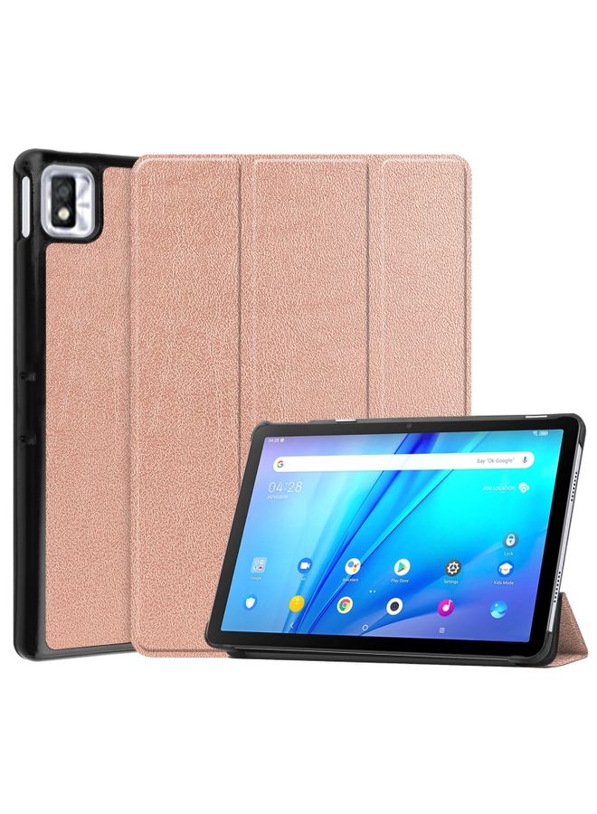 HuHa Case Cover For TCL Tab 10s Three-folding Holder Custer Texture Leather Tablet Case Rose Gold 