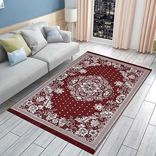Purav Light Floral Design Cotton Carpet 5x7 feet for Living Room Bedroom Home Decor Carpets Mat (Red White Color) - Image 1