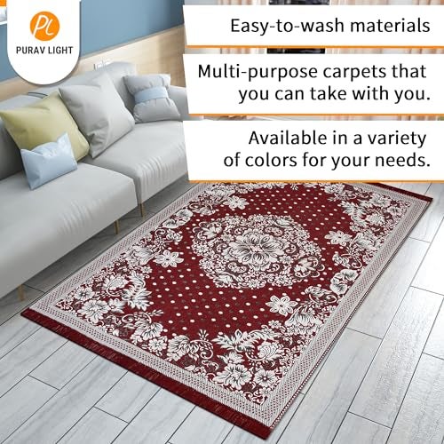 Purav Light Floral Design Cotton Carpet 5x7 feet for Living Room Bedroom Home Decor Carpets Mat (Red White Color) - Image 4