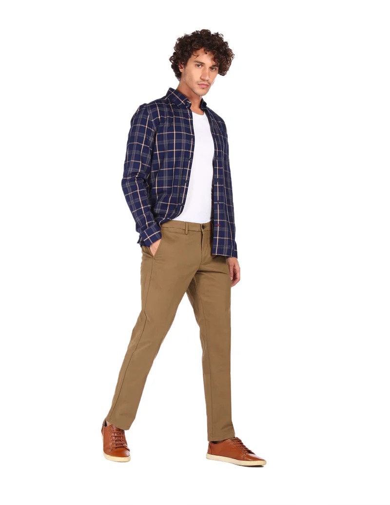 Arrow Dark Khaki Mid Rise Solid Trousers for Men | Best Price UAE