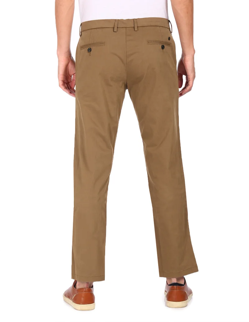 Arrow Dark Khaki Mid Rise Solid Trousers for Men | Best Price UAE