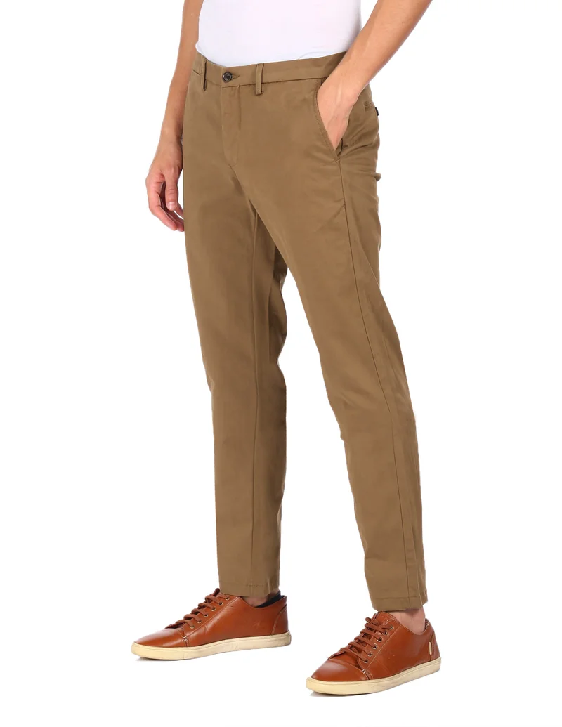 Arrow Dark Khaki Mid Rise Solid Trousers for Men | Best Price UAE
