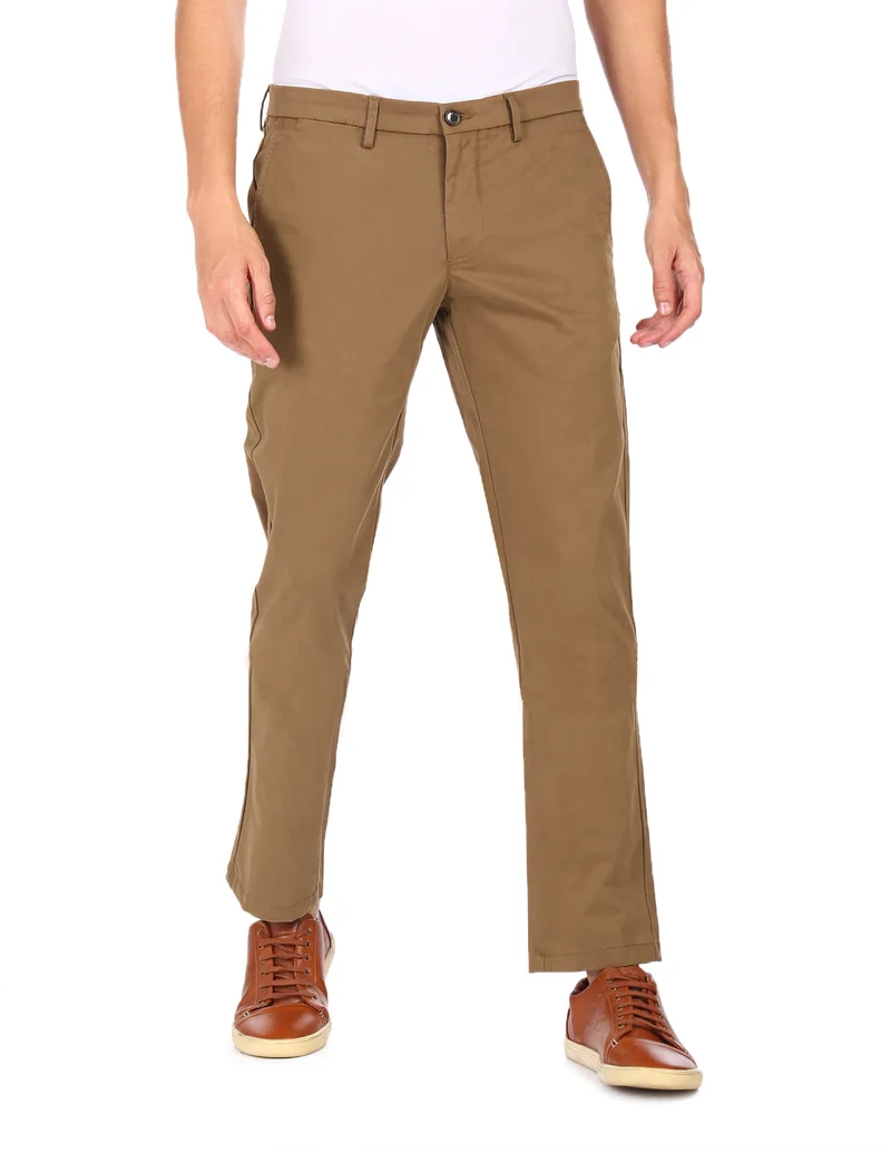 Arrow Dark Khaki Mid Rise Solid Trousers for Men | Best Price UAE