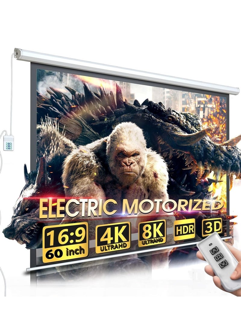 FlashHawk 60 Inch 16:9 Wall Mount Electric Projector Screen Motorized Projection Curtain with Remote Control For Home Cinema/Home Theater/Home Gaming/Home Party  - Image 1