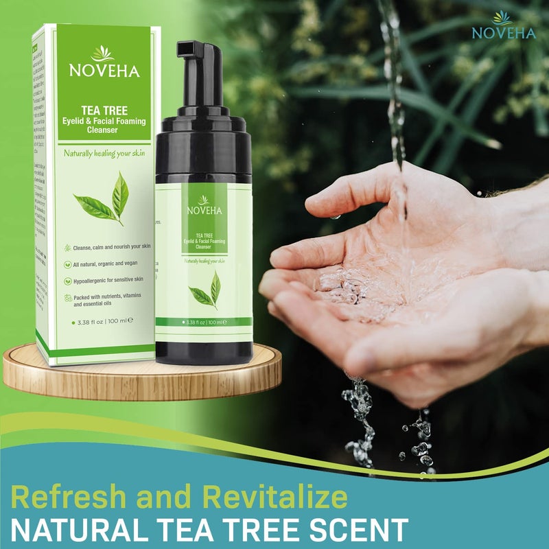 NOVEHA Tea Tree Oil Foaming Cleanser - Therapeutic Daily Skincare For For Eyelash & lids, MGD, Stye Eyes, Skin Dryness, Moisturize with Organic Ingredients, For All Skin Types (2 Pack) - Image 3