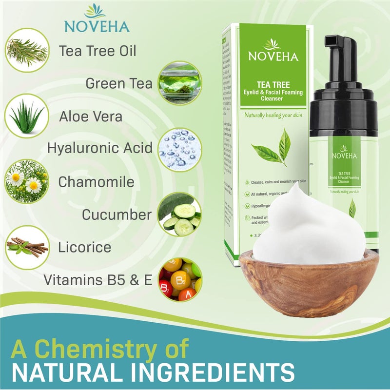 NOVEHA Tea Tree Oil Foaming Cleanser - Therapeutic Daily Skincare For For Eyelash & lids, MGD, Stye Eyes, Skin Dryness, Moisturize with Organic Ingredients, For All Skin Types (2 Pack) - Image 2