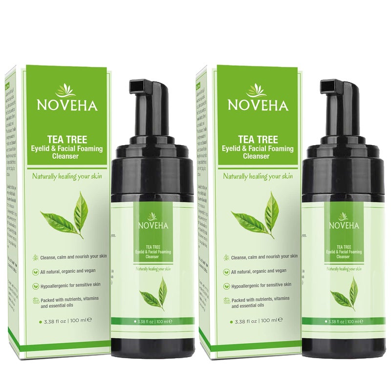 NOVEHA Tea Tree Oil Foaming Cleanser - Therapeutic Daily Skincare For For Eyelash & lids, MGD, Stye Eyes, Skin Dryness, Moisturize with Organic Ingredients, For All Skin Types (2 Pack) - Image 1