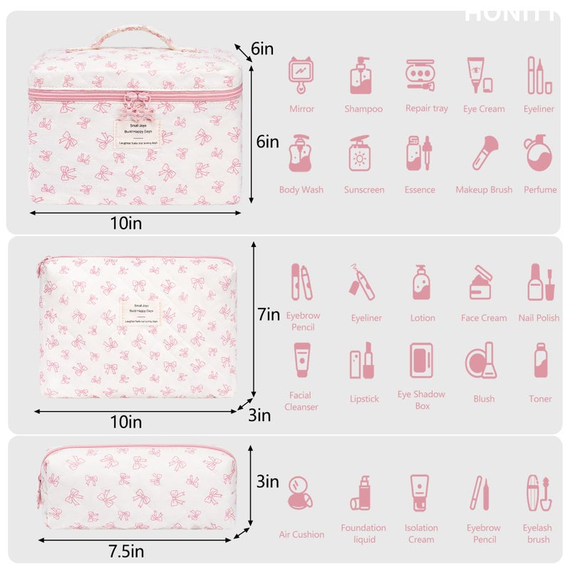 honitty Makeup Bag,Quilted Cosmetic Bags,Large Floral Make Up Organize bag,Makeup Bag Set for Women,Flower Travel Toiletry Bag - Image 2