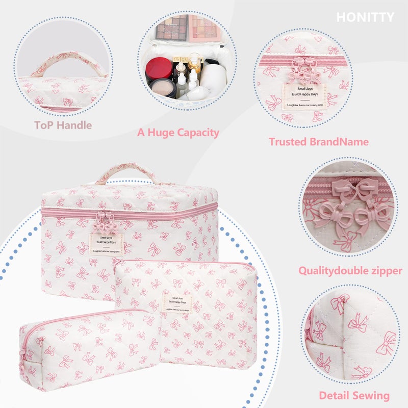honitty Makeup Bag,Quilted Cosmetic Bags,Large Floral Make Up Organize bag,Makeup Bag Set for Women,Flower Travel Toiletry Bag - Image 3