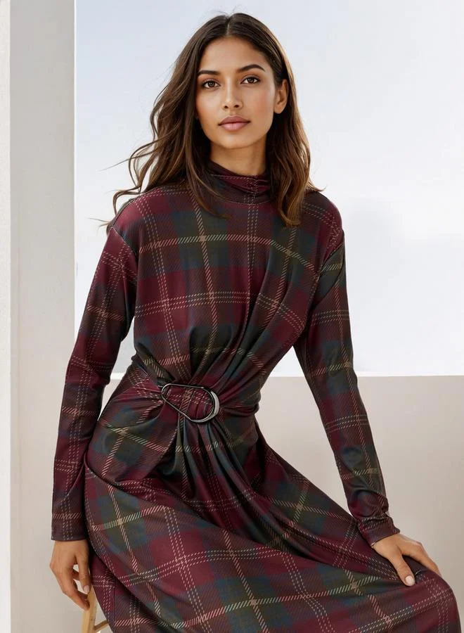 Iconic Iconic Checked High Neck Draped Dress