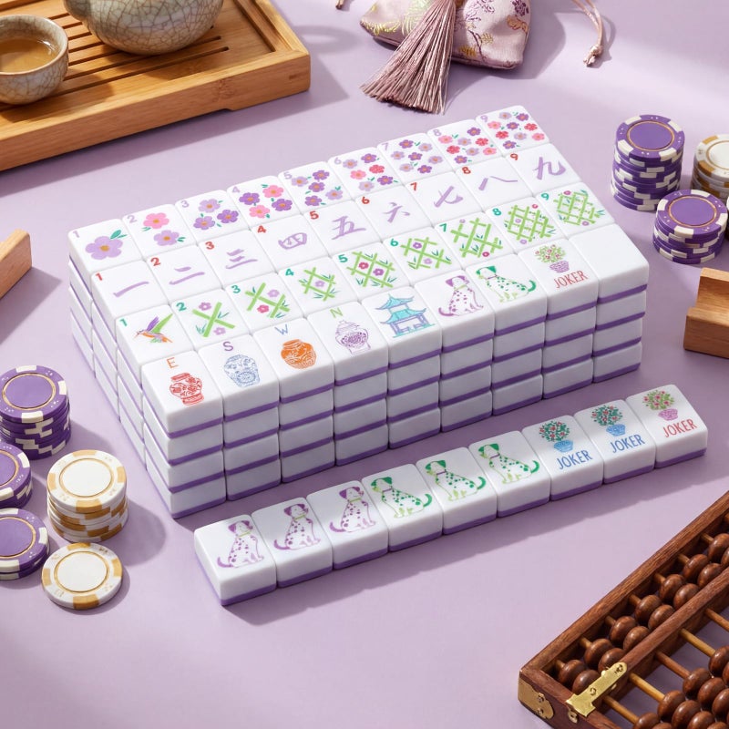 Arrowbash 160 Pcs Floral American Mahjong Set 1.2 Inch Flower Mahjong Tiles Set Melamine Hand Carved Pattern for Adult Mah Jong Tabletop Games Mah Jong Lovers Tiles Only(Purple,Classic) - Image 5