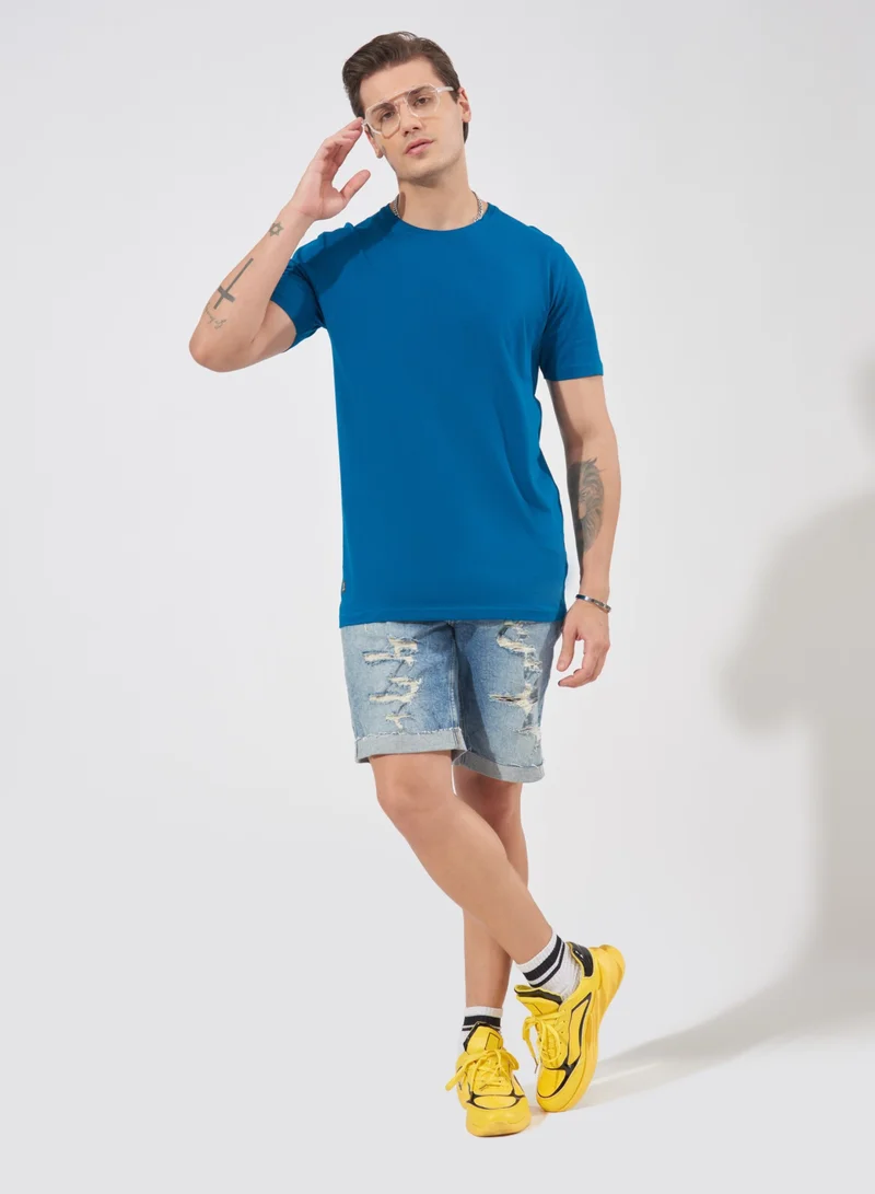 مانياك Maniac Mens Solid Half Sleeve Round Neck Denim Blue Cotton Slim Fit T-Shirt