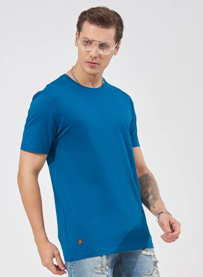 مانياك Maniac Mens Solid Half Sleeve Round Neck Denim Blue Cotton Slim Fit T-Shirt