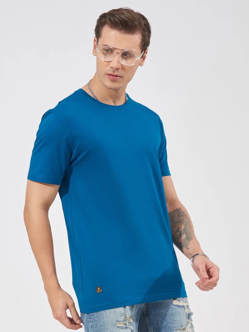 مانياك Maniac Mens Solid Half Sleeve Round Neck Denim Blue Cotton Slim Fit T-Shirt