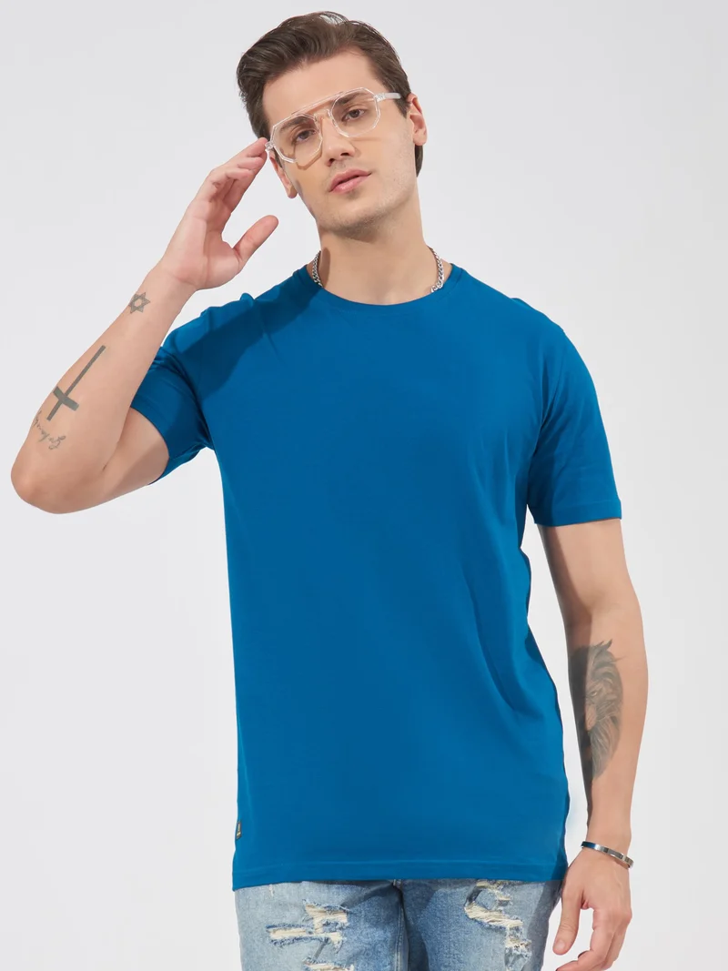 مانياك Maniac Mens Solid Half Sleeve Round Neck Denim Blue Cotton Slim Fit T-Shirt