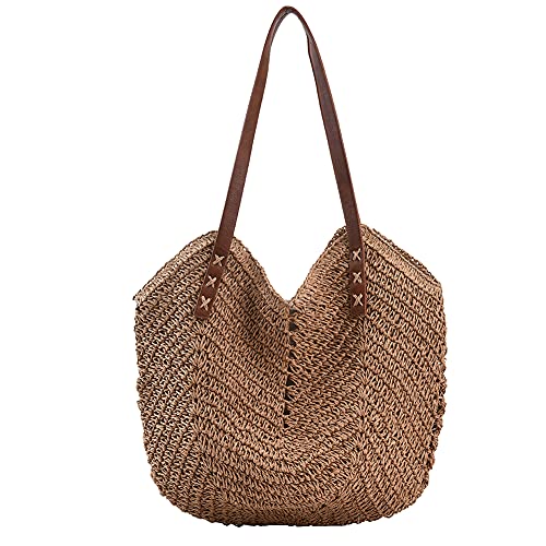 JQWSVE Straw Bag for Women Summer Beach Bag Soft Woven Tote Bag Large Rattan Shoulder Bag for Vacation, Brown, Irregular - Image 1