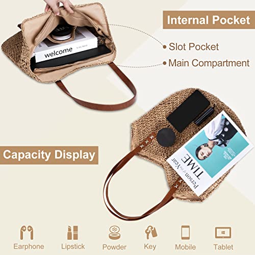 JQWSVE Straw Bag for Women Summer Beach Bag Soft Woven Tote Bag Large Rattan Shoulder Bag for Vacation, Brown, Irregular - Image 4