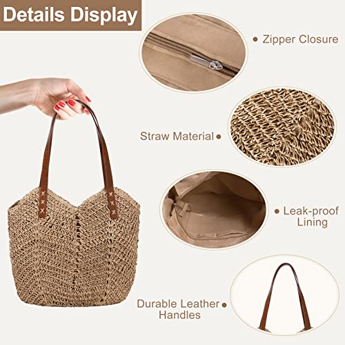 JQWSVE Straw Bag for Women Summer Beach Bag Soft Woven Tote Bag Large Rattan Shoulder Bag for Vacation, Brown, Irregular - Image 3