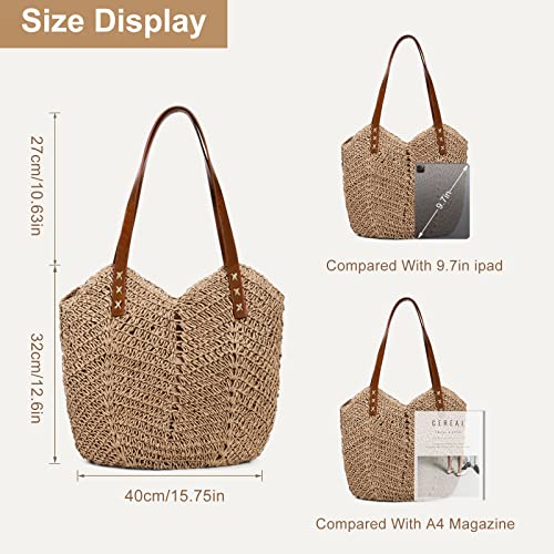 JQWSVE Straw Bag for Women Summer Beach Bag Soft Woven Tote Bag Large Rattan Shoulder Bag for Vacation, Brown, Irregular - Image 5