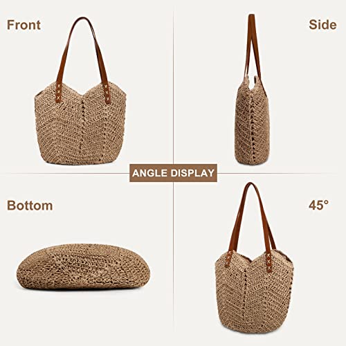JQWSVE Straw Bag for Women Summer Beach Bag Soft Woven Tote Bag Large Rattan Shoulder Bag for Vacation, Brown, Irregular - Image 2