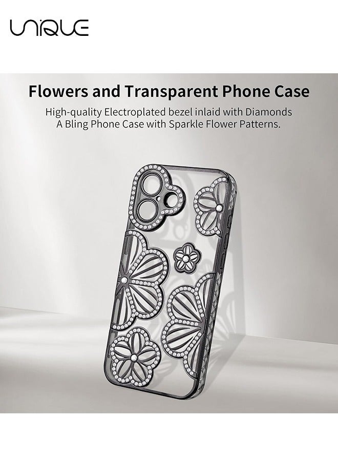 Unique For iPhone 16 Phone Case - Rhinestone Flower Phone Case - Shiny Phone Case - Shockproof Phone Case - TPU Drop Protection - Black - Image 2