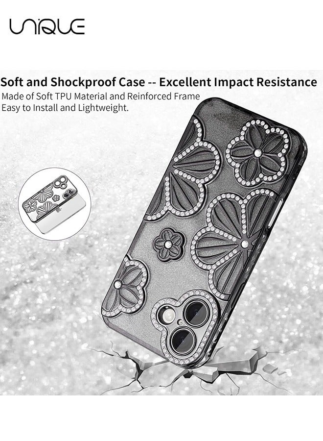 Unique For iPhone 16 Phone Case - Rhinestone Flower Phone Case - Shiny Phone Case - Shockproof Phone Case - TPU Drop Protection - Black - Image 3