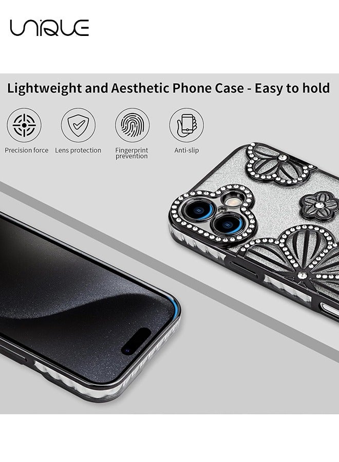 Unique For iPhone 16 Phone Case - Rhinestone Flower Phone Case - Shiny Phone Case - Shockproof Phone Case - TPU Drop Protection - Black - Image 5