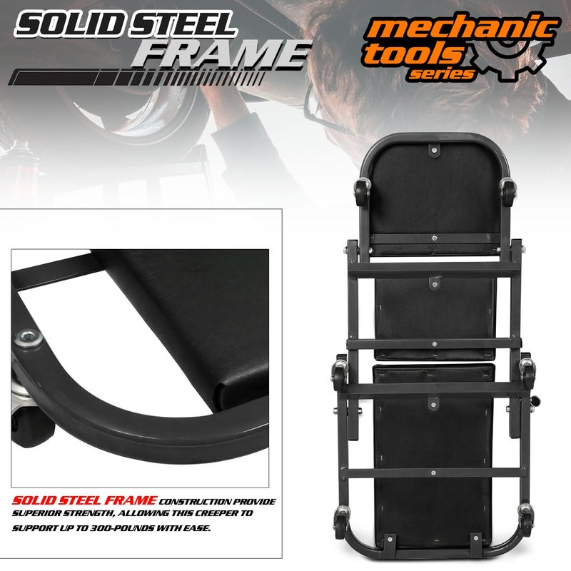 M-AUTO Foldable Z Creeper 2-in-1 Rolling Folding Car Creeper & Seat, 36" Adjustable Roller Garage Chair Lay Down or Sit, 330LBS Capacity Under Car Roller Creeper with 6 Swivel Casters, Black - Image 5