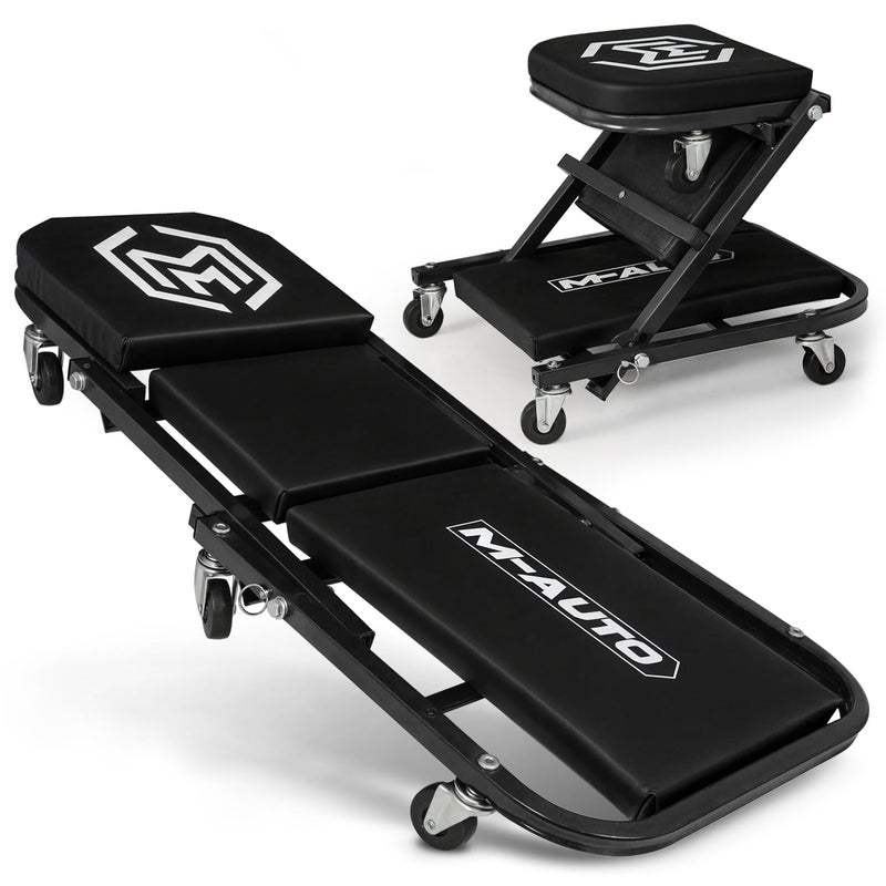 M-AUTO Foldable Z Creeper 2-in-1 Rolling Folding Car Creeper & Seat, 36" Adjustable Roller Garage Chair Lay Down or Sit, 330LBS Capacity Under Car Roller Creeper with 6 Swivel Casters, Black - Image 1