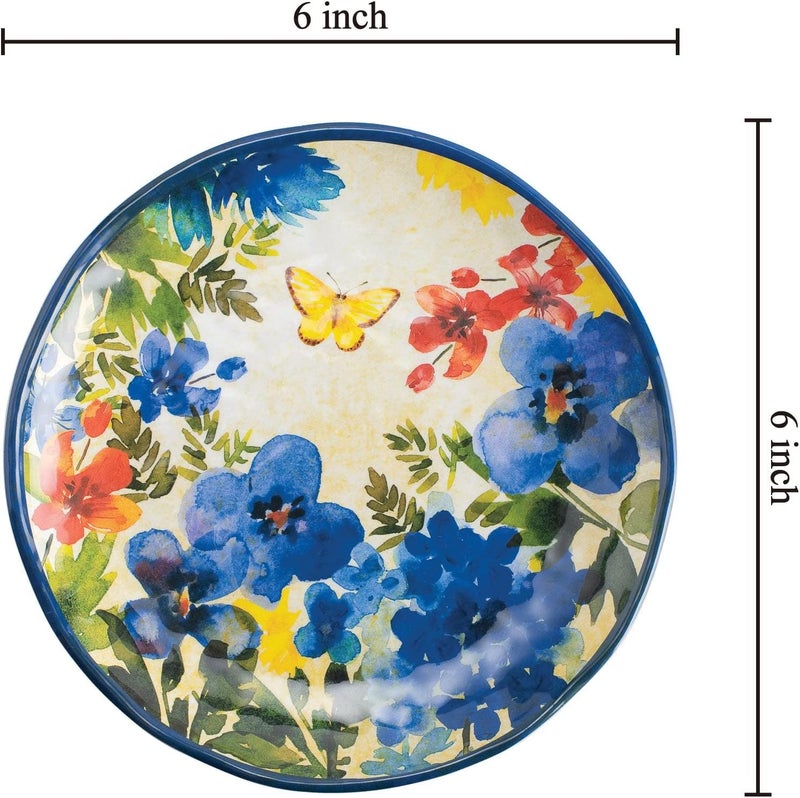 UPware Butterfly Floral Melamine Round Dessert Plates Small Serving Plates for Appetizer Snacks and Side Dishes Blue 6 Inch Set of 4 - Image 2