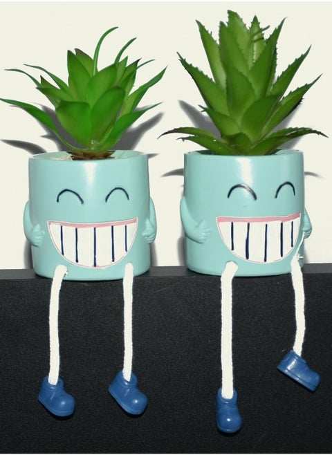 2 Piece Artificial Decorative Plant With Smiley Face Design Pot Blue/Green 13 x 13 x 8cm