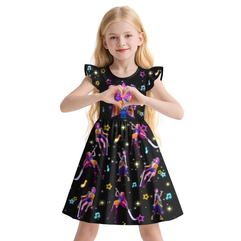 WPAVP Kids Girls Casual Daily Dress Flutter Sleeve Cute Outfits Home Clothes Fancy Dresses for 4-12 Years Black - Image 1