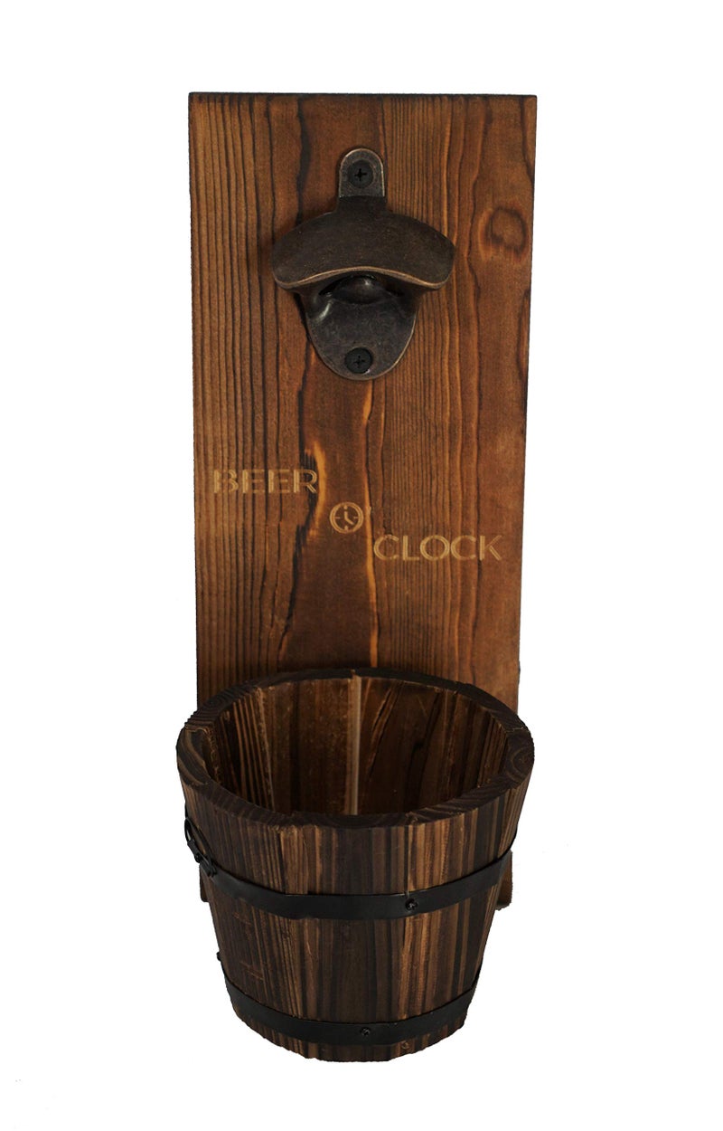 Thirsty Solutions Beer O Clock Rustic Wall Mounted Bottle Opener and Catcher Dark Stain Pine with Zinc Alloy Opener Removable Wooden Bucket Man or Woman Cave Ready