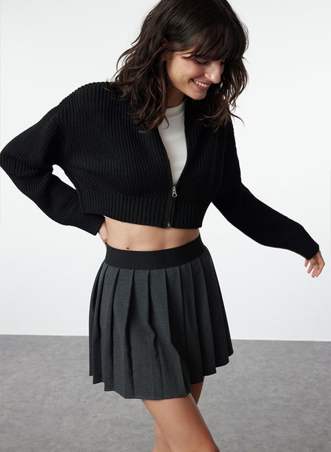 Black Crop Padded Zipper Detailed Knitwear Cardigan