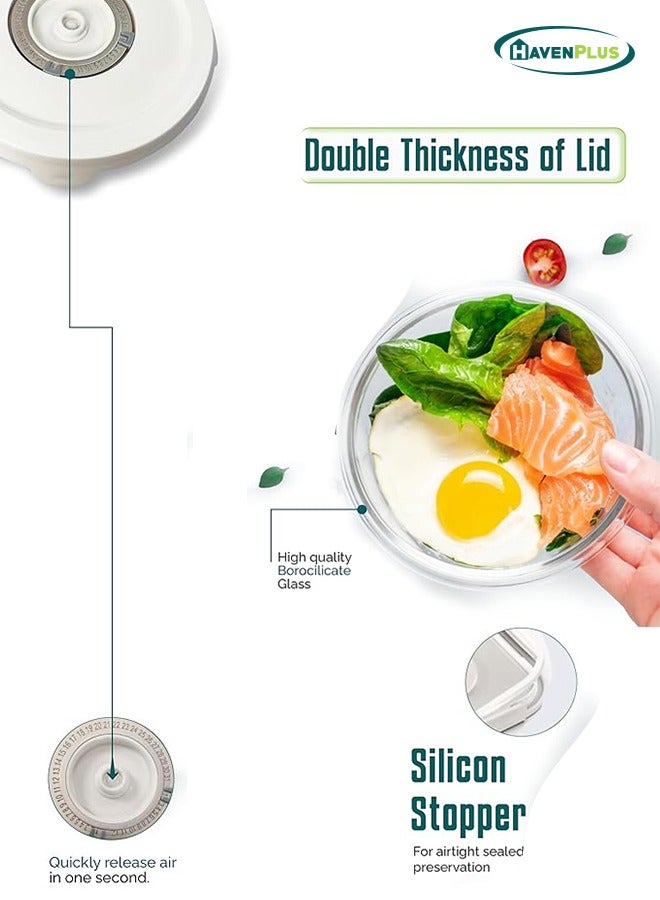 HavenPlus Food Vacuum Glass Container Set with Automatic and Manual Pump, Built-in Date Indicator, 3 pcs Glass Food Containers, Round Airtight Storage, 635ml, 930ml, 1400ml - Image 4