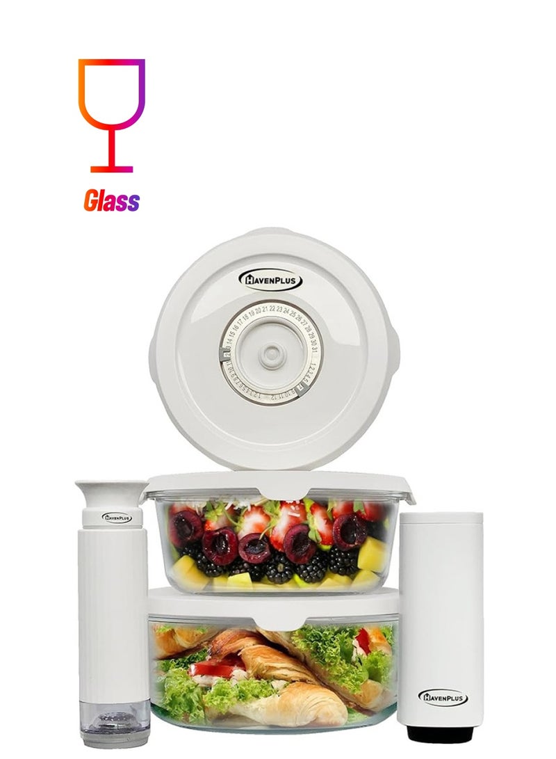 HavenPlus Food Vacuum Glass Container Set with Automatic and Manual Pump, Built-in Date Indicator, 3 pcs Glass Food Containers, Round Airtight Storage, 635ml, 930ml, 1400ml - Image 1