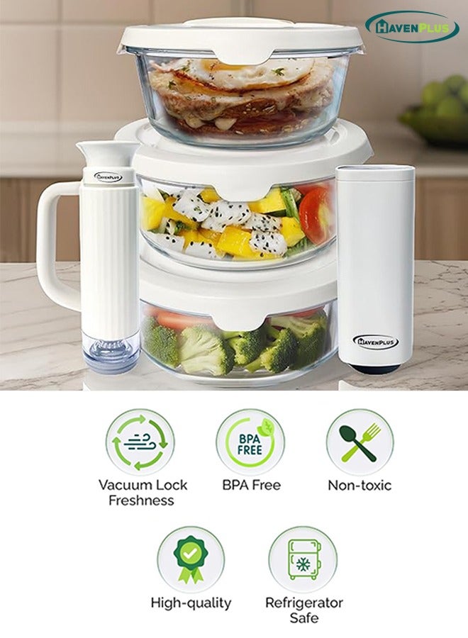 HavenPlus Food Vacuum Glass Container Set with Automatic and Manual Pump, Built-in Date Indicator, 3 pcs Glass Food Containers, Round Airtight Storage, 635ml, 930ml, 1400ml - Image 2